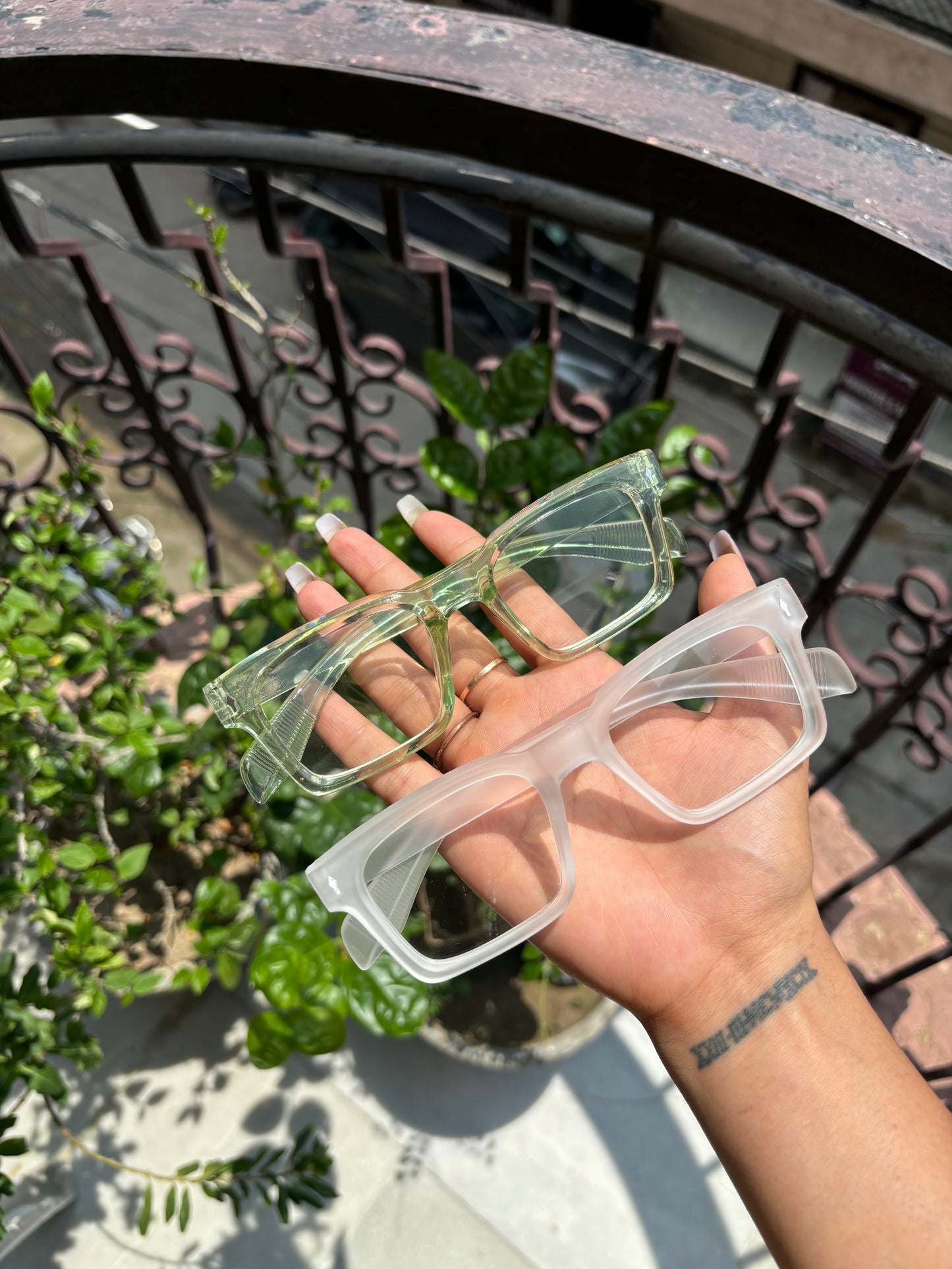 green and white glasses combo